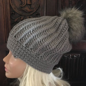 Hand Crochet Slouchy Faux Fur Pompom Hat in Gray